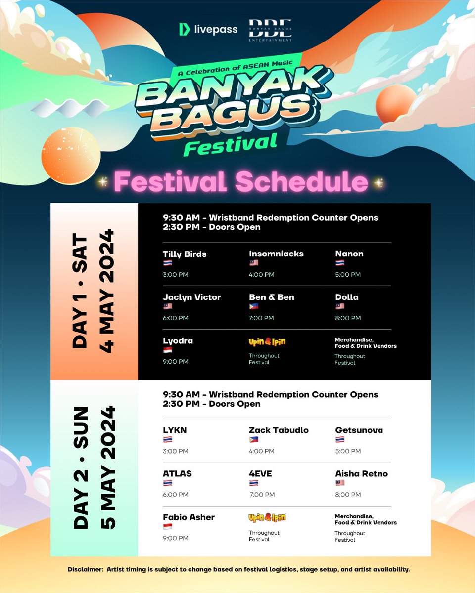 BBF official festival schedule is now LIVE! 🤩🎉 🎶 𝗕𝗮𝗻𝘆𝗮𝗸 𝗕𝗮𝗴𝘂𝘀 𝗙𝗲𝘀𝘁𝗶𝘃𝗮𝗹 𝟮𝟬𝟮𝟰 🗓️ Dates: 4-5 May 2024 📍 Location: MIECC, Kuala Lumpur 🎫 Secure your BBF passes now at livepass.asia/concerts/banya… 🎟️ Walk-in passes also available on festival days 😉 #BBF2024