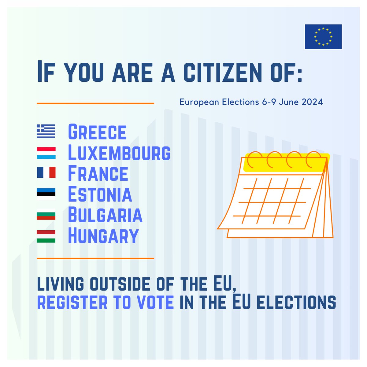 Be a voter in the #EUelections2024! If you live outside of the EU, register to #UseYourVote. Here are the upcoming deadlines: 🇬🇷 Greece: 29/04 🇱🇺 Luxembourg: 30/04 🇫🇷 France: 03/05 🇪🇪 Estonia: 10/05 🇧🇬 Bulgaria: 15/05 or 31/05 🇭🇺 Hungary:15/05 More: europa.eu/!bnhXDQ.