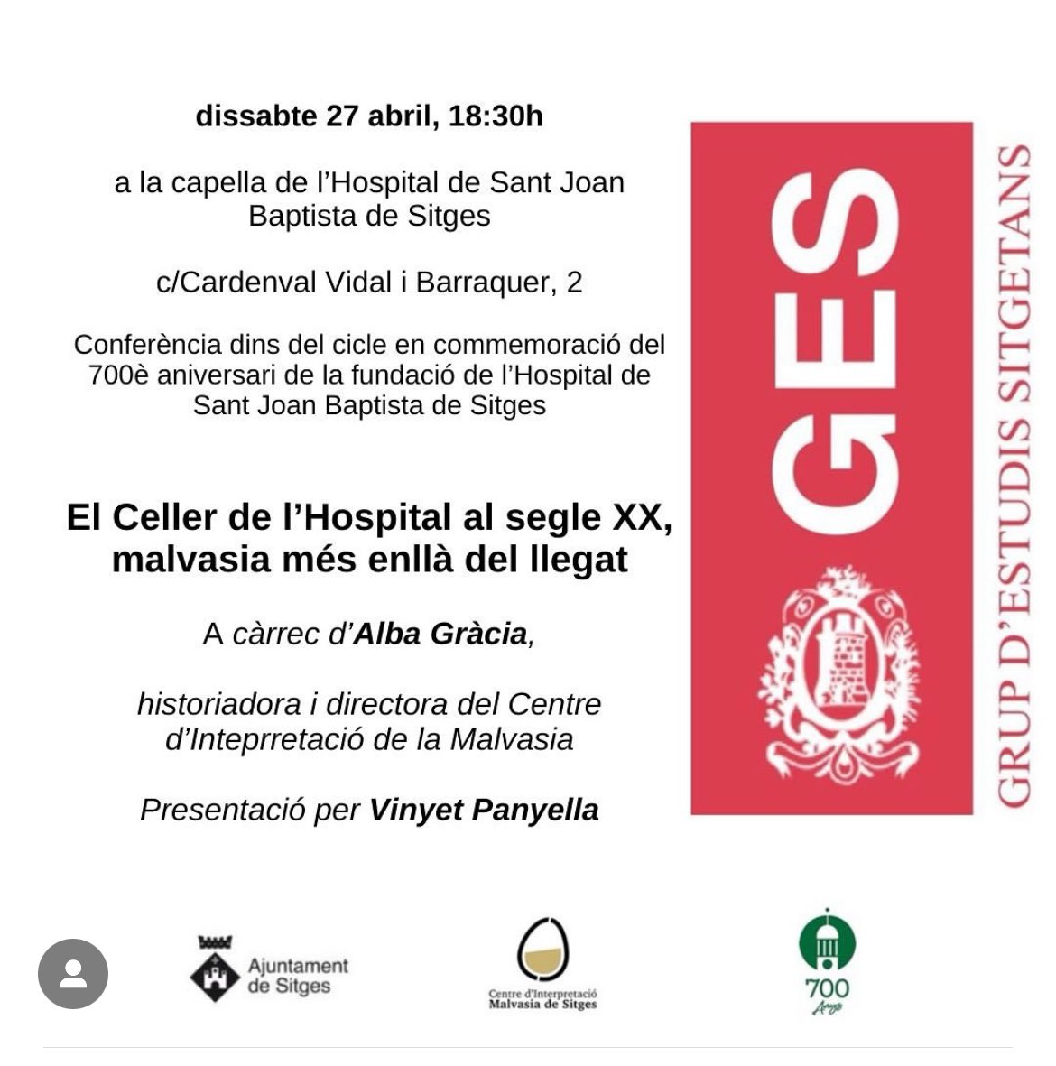 Demà a les 18:30h a la capella de @HospitalSitges conferència d @albaGari sobre la història del Celler de l’Hospital