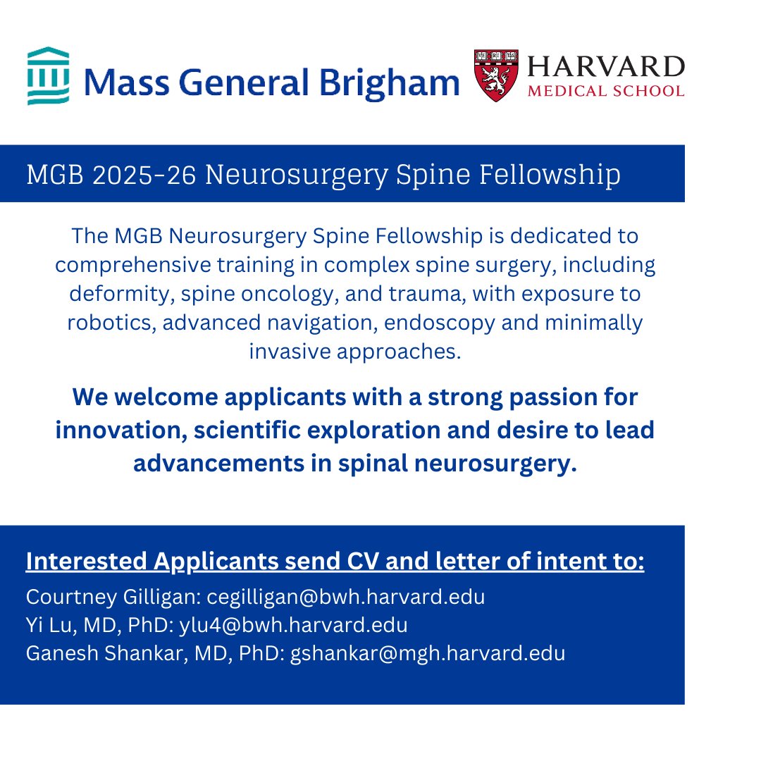 We are currently seeking applicants for our 2025-26 MGB Neurosurgery Spine Fellowship. We welcome applicants with a strong passion for innovation, scientific exploration and desire to lead advancements in spinal neurosurgery. #Fellowship #MGBNSU #Spine
