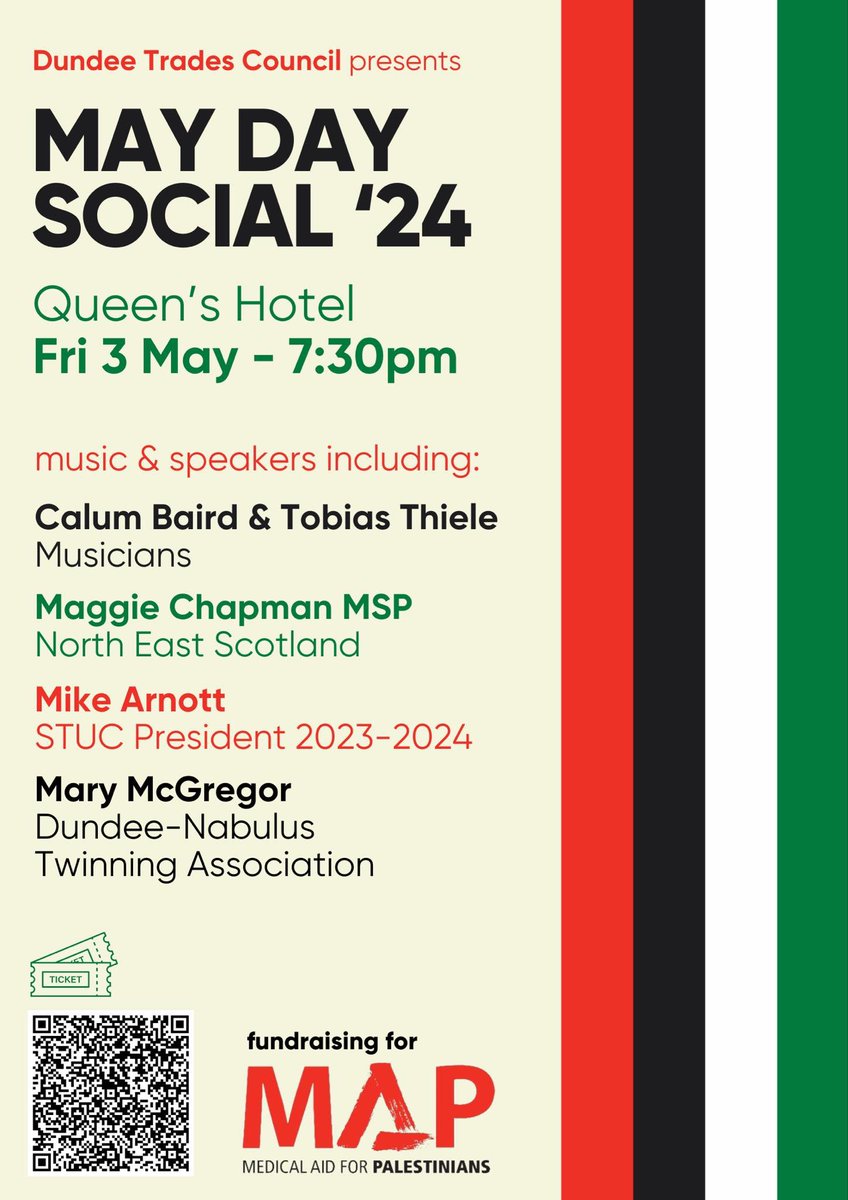 Next week in Dundee, The May Day Social with myself, @TobiThiele, @MikeArnott62 & @MaggieChapman 🚩 Fundraising for @MedicalAidPal 🇵🇸🕊️ Tickets available at the link in my bio and QR code 🎫🔗 @demleftscotland