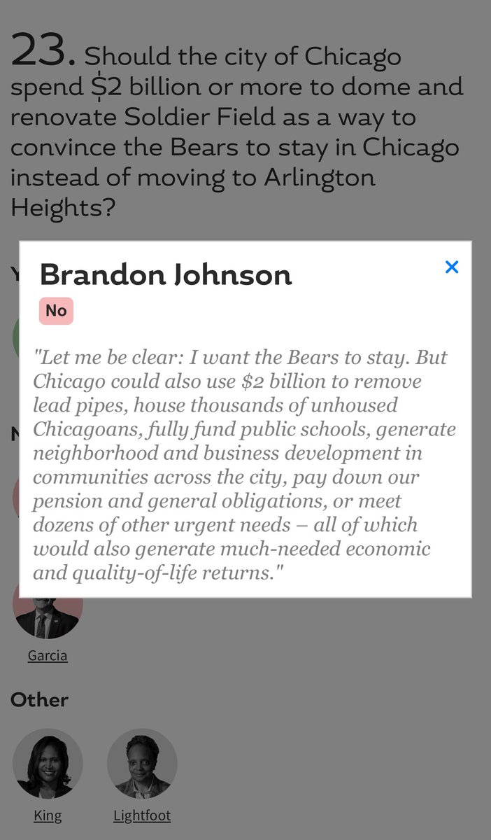 Candidate Brandon Johnson was asked whether the Bears should receive a $2 billion public subsidy to build a new stadium. His answer was no. Here’s what he said ⬇️ 'Let me be clear: I want the Bears to stay. But Chicago could also use $2 billion to remove lead pipes, house…