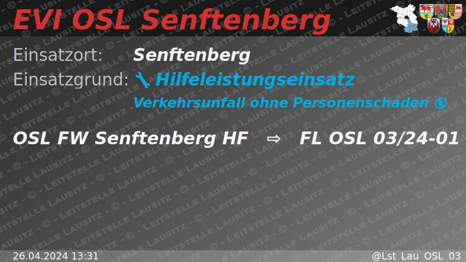 🚨 26.04.2024 13:31 💥 🚷 H:Verkehrsunfall-ohne-P 🌐 Senftenberg 🚒 ⇨ FW Senftenberg HF wachalarm.leitstelle-lausitz.de/dbrd/f3bff225-…