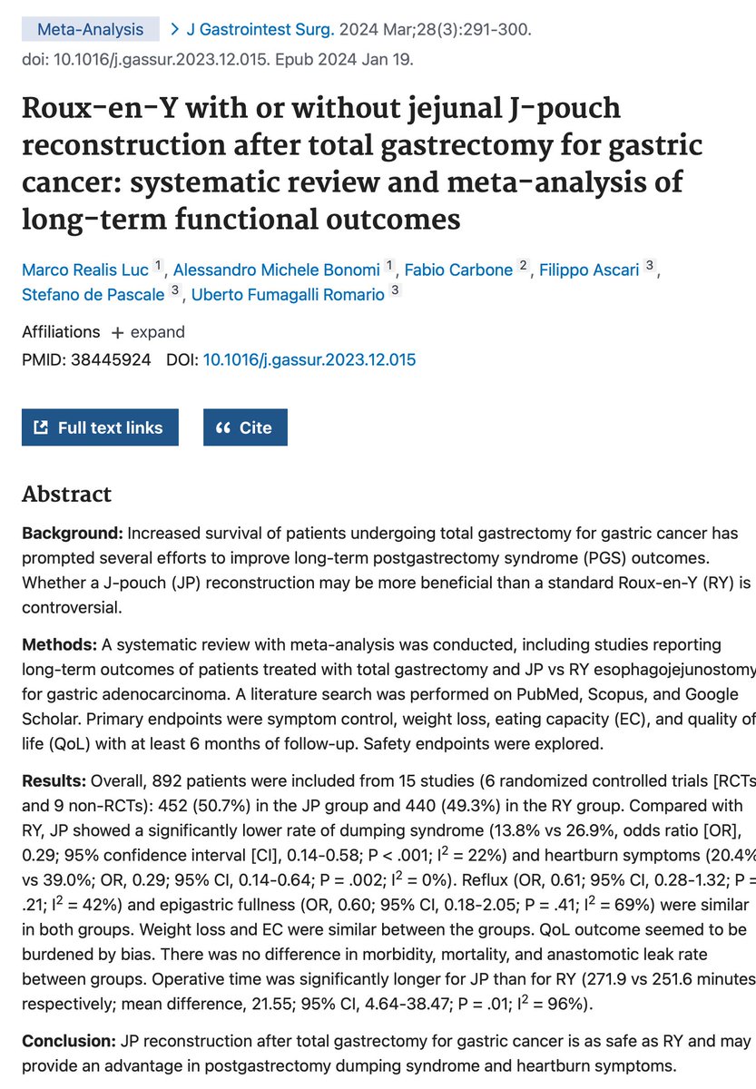 Meta-analysis finds J-pouch reconstruction after gastrectomy could reduce dumping syndrome and heartburn compared to Roux-en-Y, without compromising safety. #GastricCancer #SurgicalOutcomes #Jpouch