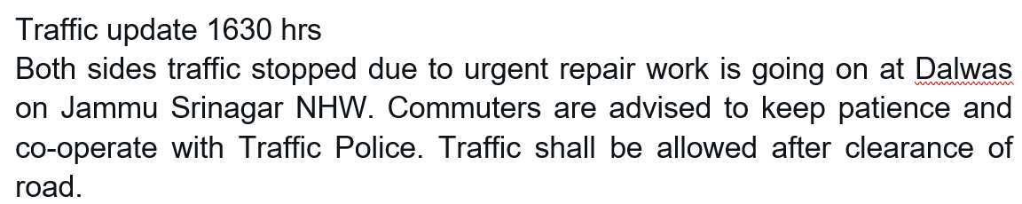 Traffic update at 1630 hrs
@JmuKmrPolice
@JKTransportDept
@OfficeOfLGJandK
@Divcomjammu
@DivComKash
@ZPHQJammu
@igpjmu
@diprjk
@ddnews_jammu
@ddnewsSrinagar
@ddnewsladakh