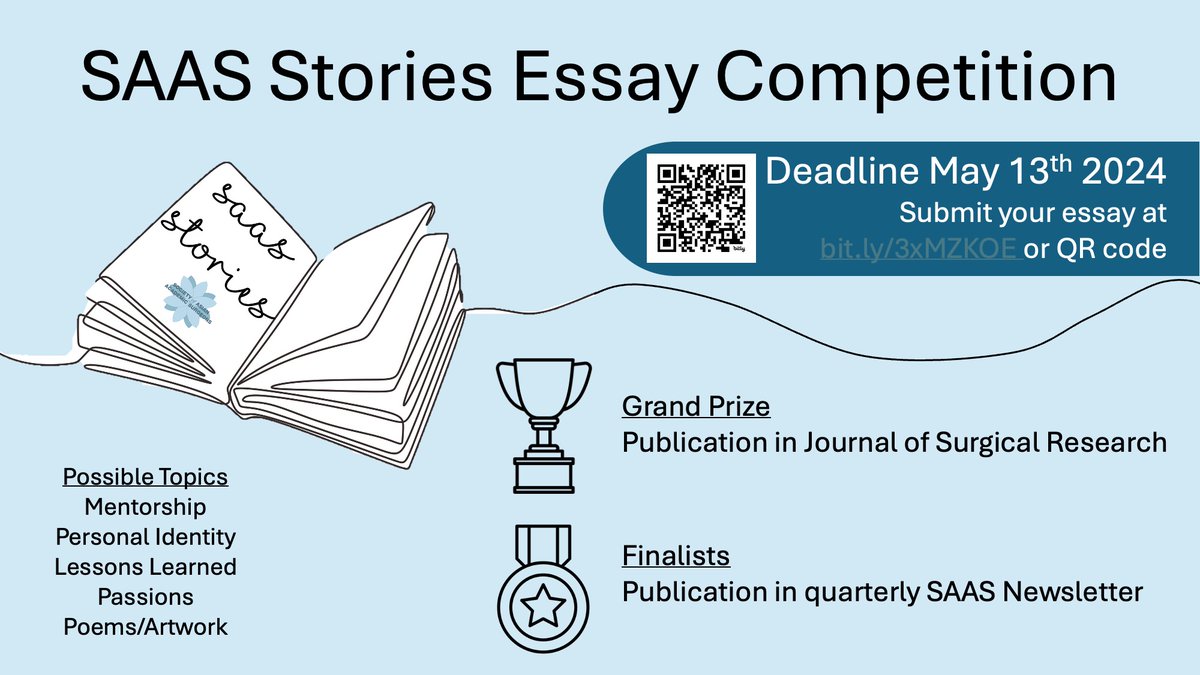Reminder: Announcing #SAASStories, our @AsianAcadSurg Essay Contest. The winning essay will be published in @JSurgRes and all finalists will be published in the SAAS Quarterly Newsletter. Find out more and submit your essay at bit.ly/3xMZKOE!