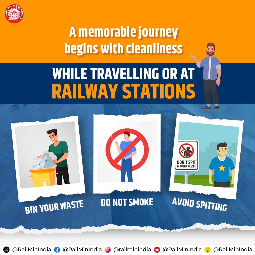 RailMinIndia's tweet photo. Let’s follow some mindful travel tips.

Please avoid littering, smoking, or spitting on Railway premises. Ensure a joyful and comfortable journey for all. https://t.co/ZrTn8UrN4I