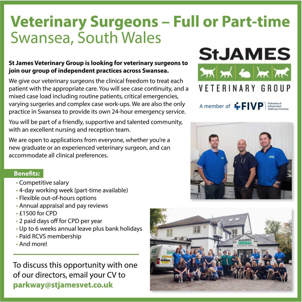 Enjoy the clinical freedom of #independentpractice at St James Veterinary Group!

You will see a varied caseload, working with a supportive team to provide the best #veterinary care to our clients.

Open to graduates and experienced vets!

#veterinarycareers #Swansea #Wales