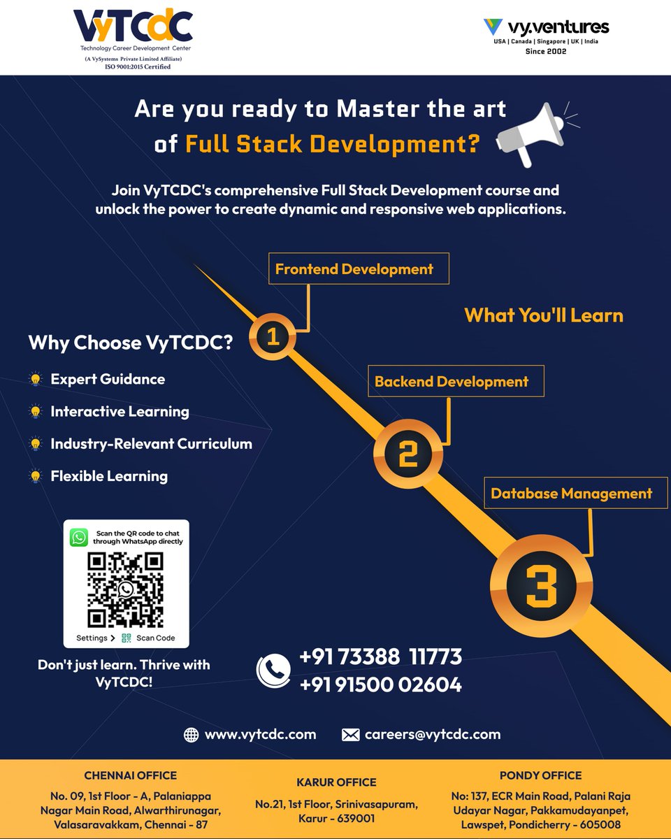 Master Full Stack Dev at VyTCDC: Learn Frontend, Backend, & Database Management! Expert guidance, interactive learning, industry-relevant curriculum. Thrive with us! 

#Vytcdc #FullStackDevelopment #webdeveloper  #InteractiveLearning  #FrontEnd  #backend