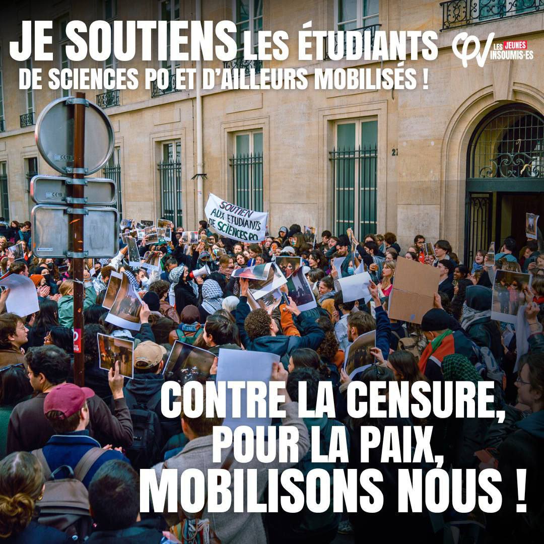 📢 Soutien aux camarades de Sciences Po mobilisé·es contre le génocide des Palestinien·nes ! Faisons bloc contre la répression et poursuivons la lutte pour le cessez-le-feu et le respect du droit international ! 🇵🇸🕊️