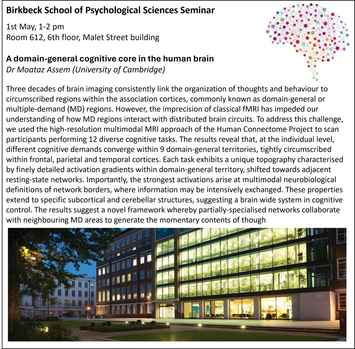 Incredibly excited to announce that the next Birkbeck School of Psychological Sciences Seminar will host Dr Moataz Assem, from University of Cambridge! Don't miss it! Wednesday, May 1st, 1-2pm, Room 612 Teams link available at s.seghezzi@bbk.ac.uk @MoatazAssem @bbkpsychology