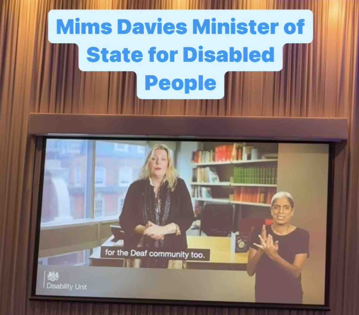Mims Davies MP, the Minister for Disabled People (@mimsdavies) welcomed us in a video at #BSLConference2024. #BDA #BSLConference2024 #BSLinourhands