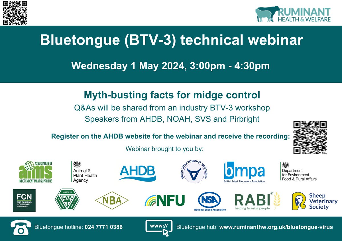 Please register for the next #Bluetongue technical webinar taking place 3-4:30pm on 01/05/24.  This time we look at midge control myth-busting in a Q&A with

@UKNOAH @TheAHDB @SheepVetsoc @Pirbright_Inst

Sign up for webinar & recording: bit.ly/3xU5aaw #BTV3
@ruminanthw