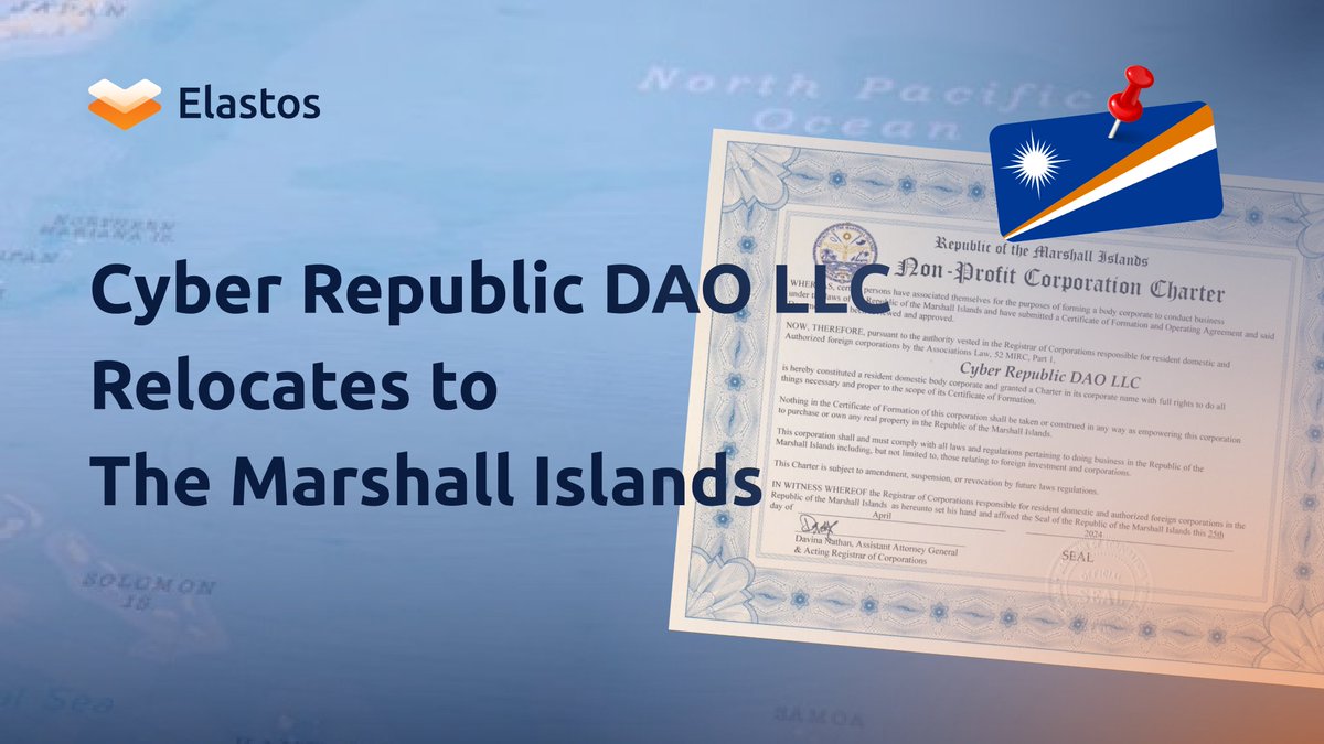 ElastosInfo's tweet photo. We have successfully completed the formation of the CR #DAO LLC in Marshall Islands 🏦

Moving the LLC from the U.S. to a more digital assets-friendly jurisdiction is a strategic and pivotal milestone in our journey! 

Wondering why Marshall Islands? 🤔 

Here's why 👉 https://t.co/kLgGxS1j5K