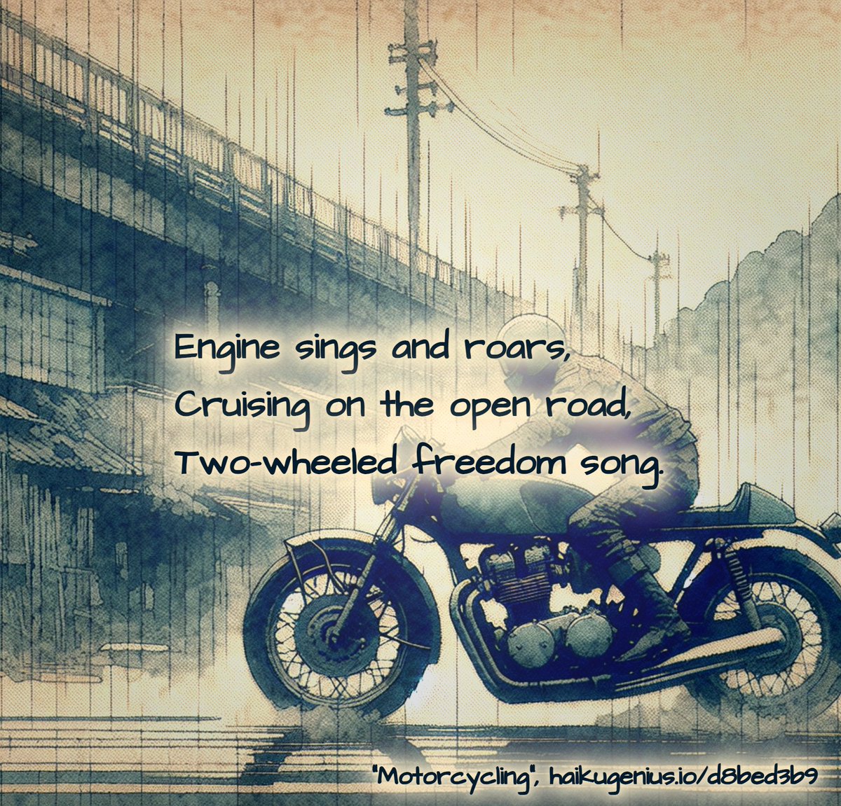 Engine sings and roars,
Cruising on the open road,
Two-wheeled freedom song.
—'Motorcycling', haikugenius.io/d8bed3b9

#haiku #haikuoftheday #fridayhaiku #haikugenius #AI #aiart #dalle #dalle3 #chatgpt