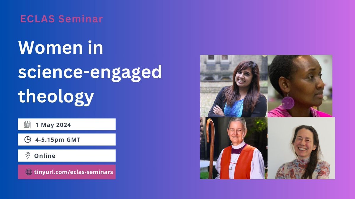 Next week we have a great panel event coming up - Women in Science-Engaged Theology. 

Featuring Bishop Marty Stebbins, Dr Loreen Maseno, Prof Chris Done, and Dr Sarah Qidwai. 

Come along and ask a question! tinyurl.com/eclas-seminars