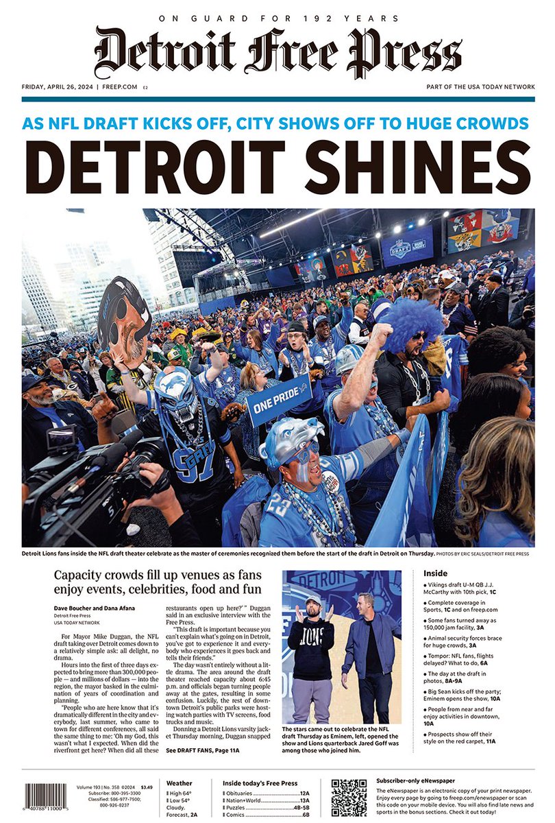 A look at the front page of the @freep from Friday, April 26, the day after an amazing night in Detroit for the 2024 @NFL draft. And Detroit showed up. Big time. tinyurl.com/mptz6w9a