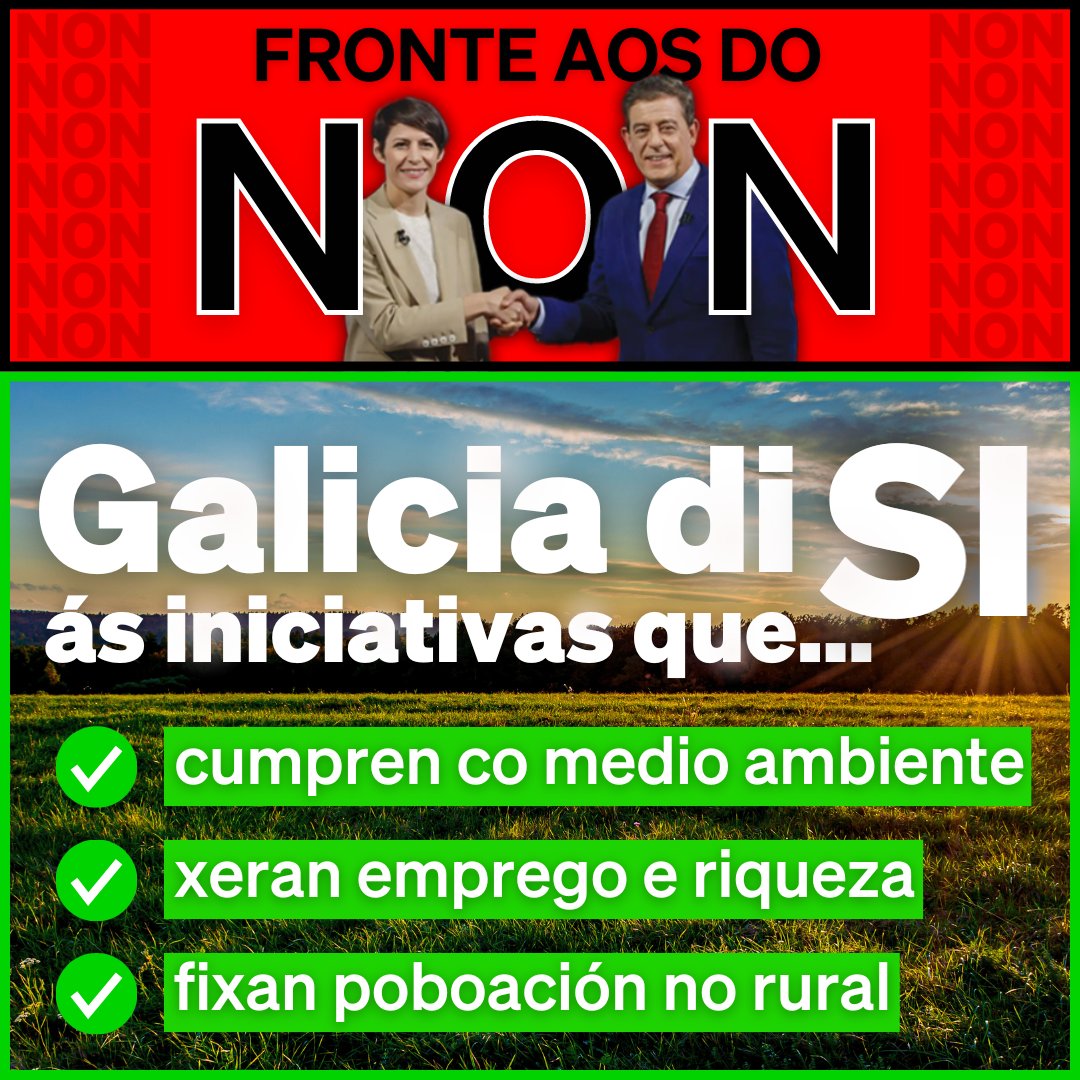 Fronte aos do NON a todo, apoiamos as iniciativas que din SI a Galicia. 🌱 SI coidando o medio ambiente 👷🏻 SI xerando emprego e riqueza 🌄 Si fixando poboación no rural Só así #GaliciaFunciona. ✅