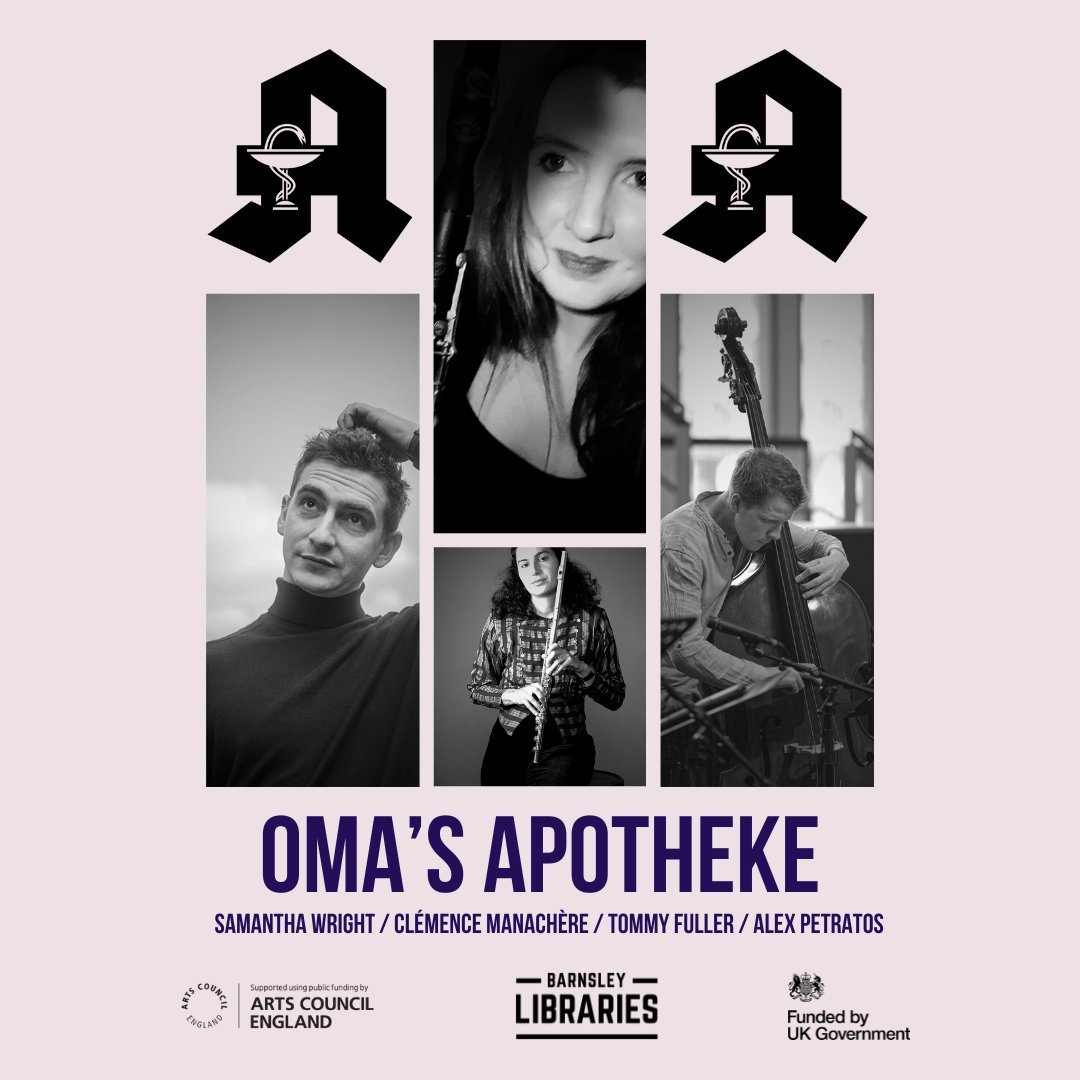 Take a break this Creativity & Wellbeing Week at our lunchtime concert at Library @ the Lightbox with jazz quartet Oma’s Apotheke! Friday 24th May Library @ the Lightbox on the ground floor 12 - 1pm Free but book to secure your place: Barnsley.gov.uk/libraryevents