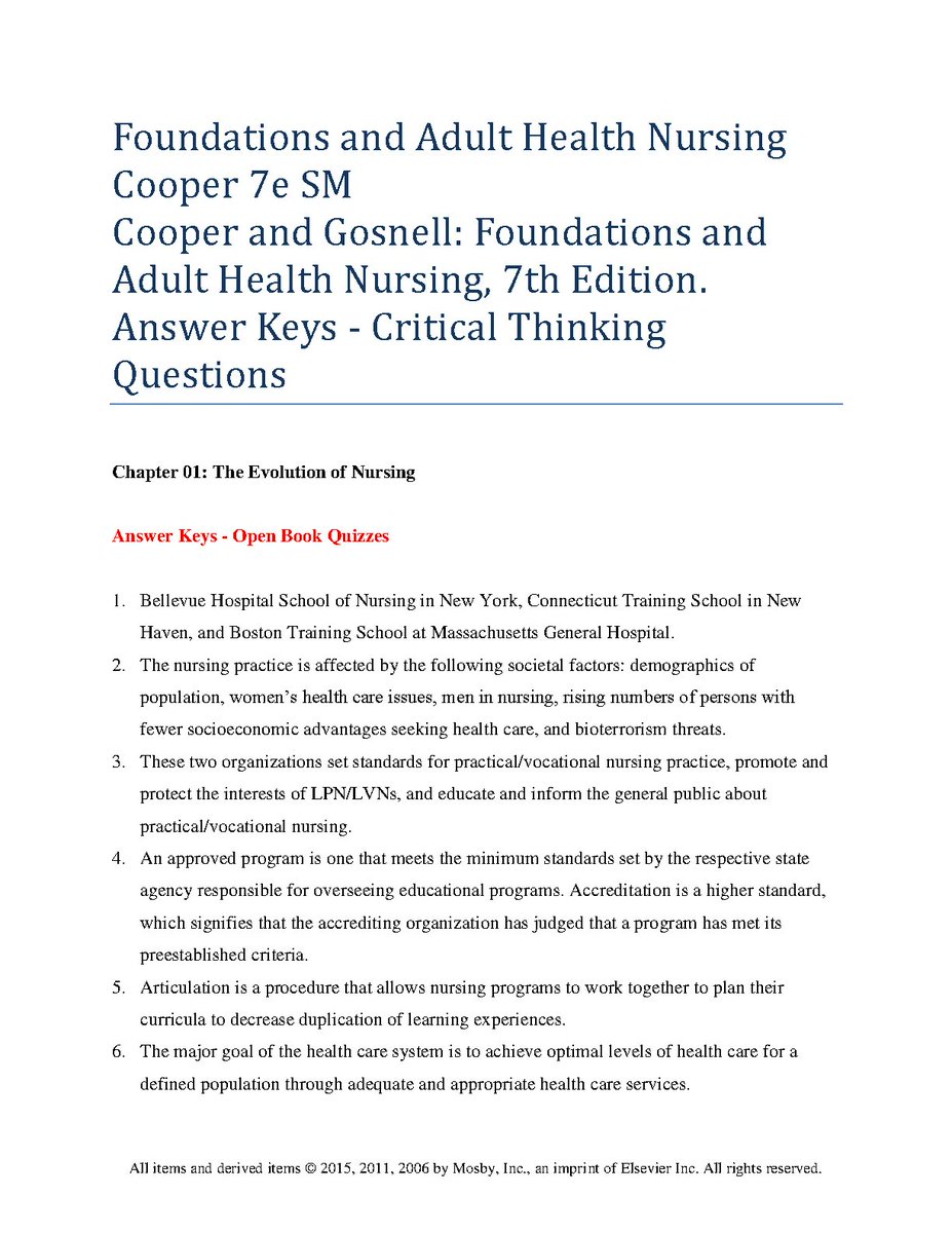Test Bank For Foundations and Adult Health Nursing, 7th Edition BY Cooper and Gosnell:. Answer Keys Critical Thinking Questions   
hackedexams.com/item/12224/tes…  
#TestBankForFoundations #TestBankForAdultHealthNursing #Nursing #7thEdition #CooperandGosnell #hackedexams
