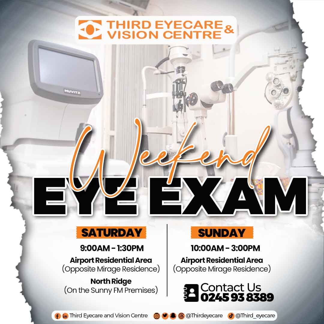 Do you need you eyes checked on a weekend?? We open on Saturdays and Sundays !!!!! #thirdeyecare #besteyeclinicinghana #weekendeyecare #april2024