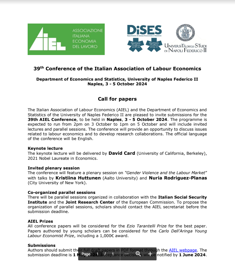 Last days to submit your paper to the 39th Conference of the Italian Association of Labour Economics to be held in Naples @UninaIT @csef_unina on October 3-5, 2024. Keynote lecture by nobel laureate David Card and invited talks by @KristiinaHuttu2 and @PlanasRodriguez