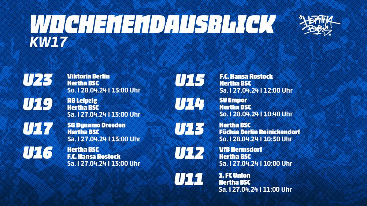 Dieses Wochenende sind alle Nachwuchsteams im Einsatz! 💙 Viel Erfolg, Jungs! 🍀 ℹ️ herthab.sc/Akademie-Ausbl… #HaHoHe