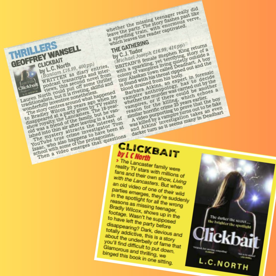 'The story flashes past like a speeding train, with enormous verve, which leaves the reader captivated' DAILY MAIL 'Glamorous and thriller, we binged this book in one sitting' CRIME SCENE WOW! Could not be happier to see these reviews for #Clickbait today!