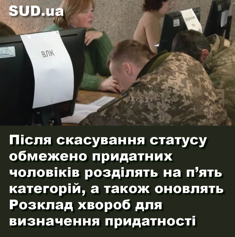 Після скасування статусу обмежено придатних чоловіків розділять на п’ять категорій, а також оновлять Розклад хвороб для визначення придатності sud.ua/uk/news/public…