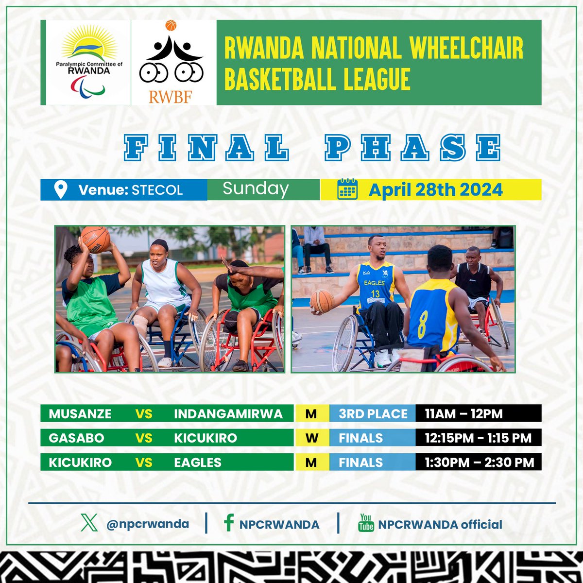 Hello #WhealchairBasketball lovers 👋🏿 See you this Sunday in Stecol- Gymnasium ( @Gasabo_District ) for the Rwanda National Wheelchair Basketball League Final Phase. ⭐️ come one come all , enjoy the game