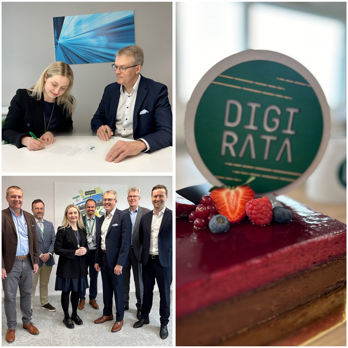 Tunnelmia keskitetyn turvelaitejärjestelmän sopimuksen allekirjoitustilaisuudesta. ”On hienoa lähteä yhdessä tekemään jotain uutta ja toimia edelläkävijänä koko Euroopassa”. <a href="/SiemensMobility/">Siemens Mobility</a> <a href="/Fintraffic_fi/">Fintraffic</a>