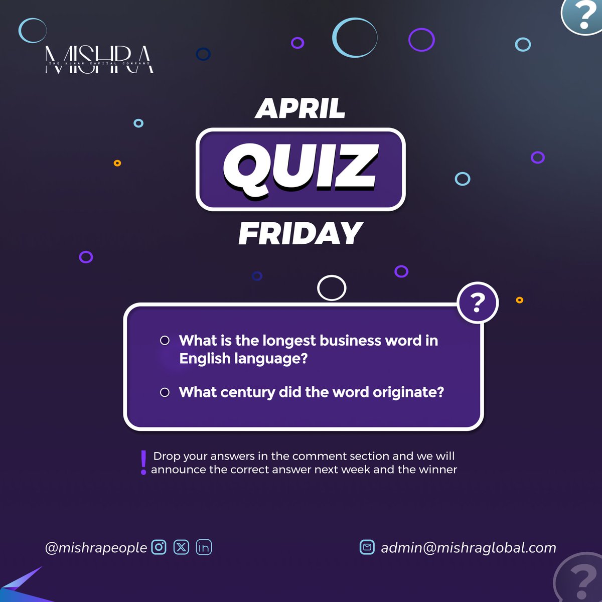 It's Fri-yay! Test your brain with our fun quiz

A surprise token may come your way, check you are following our page too.

#mishrapeople #tgif #friday #quiz #businessdevelopment #HRManagement #riskmanagement #personaldevelopment #businessmanagement #AbujaTwitterCommunity