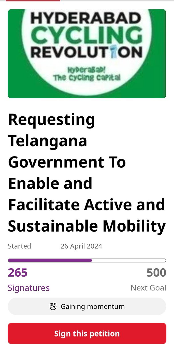 Change.org Petition for #ActiveMobility in Hyderabad
Request your signature please for our city Hyderabad 

chng.it/n4LRQV5NqG

#HyderabadCyclingRevolution
@HydcyclingRev @sselvan @CVAnandIPS @Ravi_1836 @CommissionrGHMC @TelanganaCMO @md_hgcl @HMDA_Gov