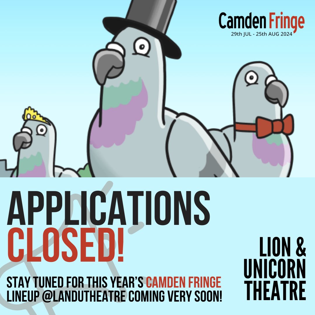 🚨 Applications for this year’s @thecamdenfringe at @landutheatre are now CLOSED! 🚨

Get ready to meet the 1️⃣5️⃣ shows coming to #KentishTown this August as part of this year’s Camden Fringe festival very soon! 

Tune in soon for more news from us & our favourite pigeon… 🐦