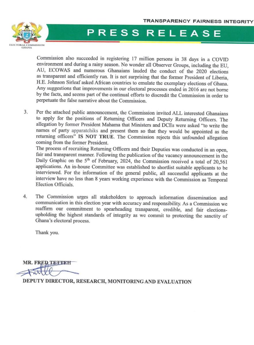 Electoral Commission Refutes John Mahama's Claims of Appointing NPP Supporters as Returning Officers for 2024 Elections

#UTVNews