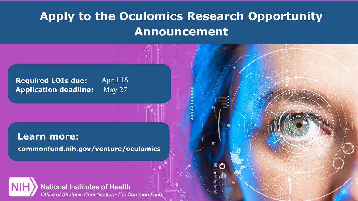 One month left to submit your applications to the #NIHCommonFund’s #Oculomics #ResearchOpportunity Announcement. Help create #ocular imaging technology to identify #biomarkers in the eye indicative of bodily disease: commonfund.nih.gov/venture/oculom…