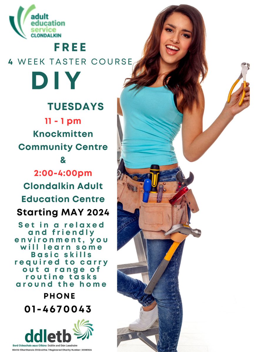 Fancy your hand at some DIY? Why not try our 4 week DIY 'Taster courses' in Clondalkin starting in May. For more information and to register your interest please contact 01- 467 0043
#diy #communityeducation #clondalkin #Teamddletb #ThisIsFit