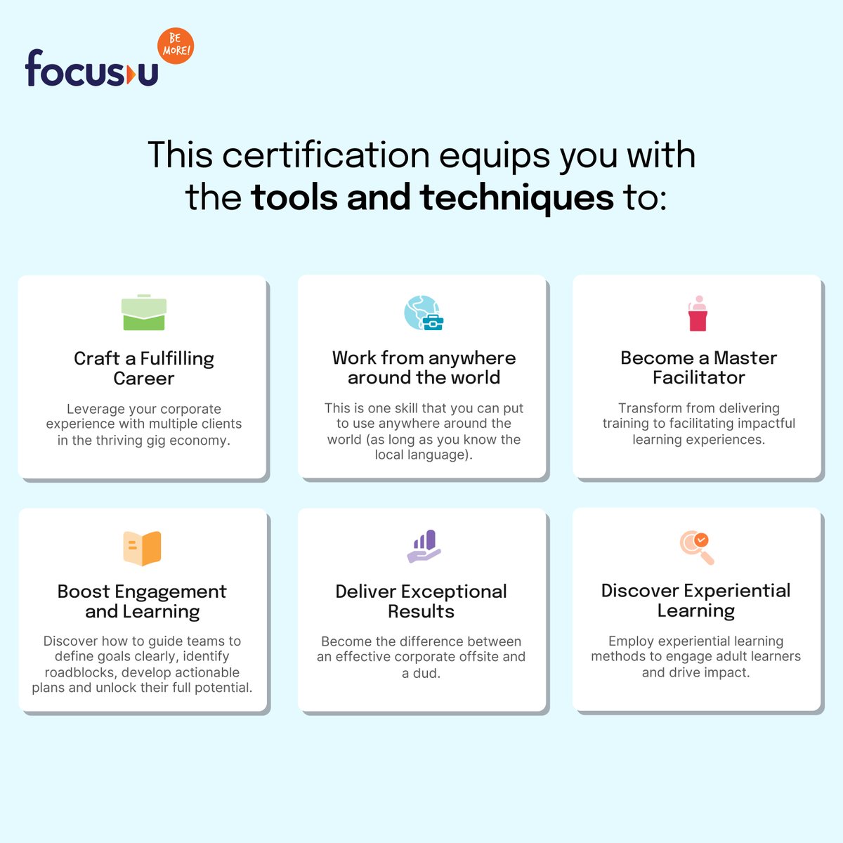 Join the ranks of elite Experiential Facilitators with the FocusU Certified Facilitator Program! Elevate your career, master facilitation, and create unforgettable experiences. Learn more: lnkd.in/dF-A7zkW #Facilitator #CareerOpportunity