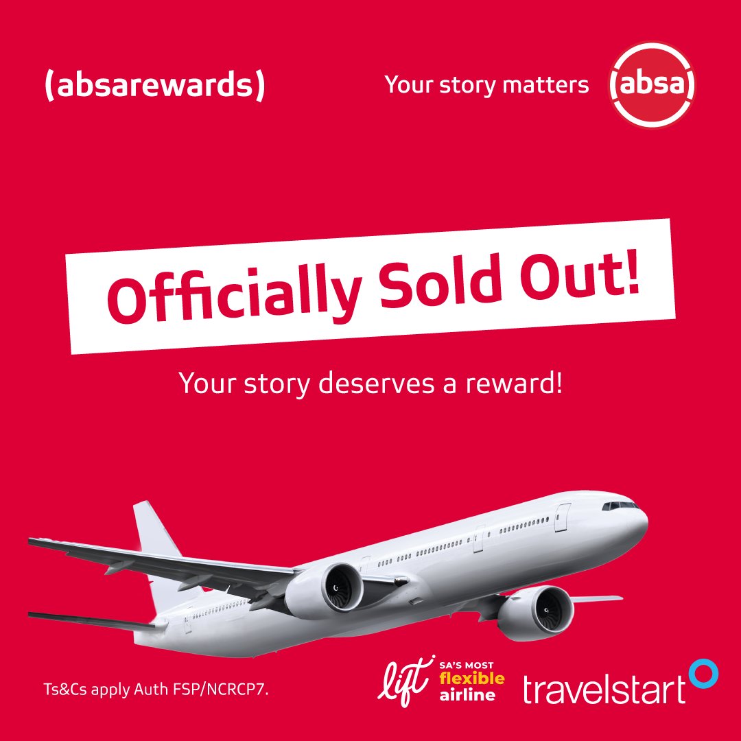 It’s a wrap! We have officially sold out on all our R399 flights. BUT there is still accommodation up for grabs at R1000 off per night, visit absarewardstravel.co.za for great travel, accommodation, and car hire deals. Ts & Cs apply. #YourStoryMatters