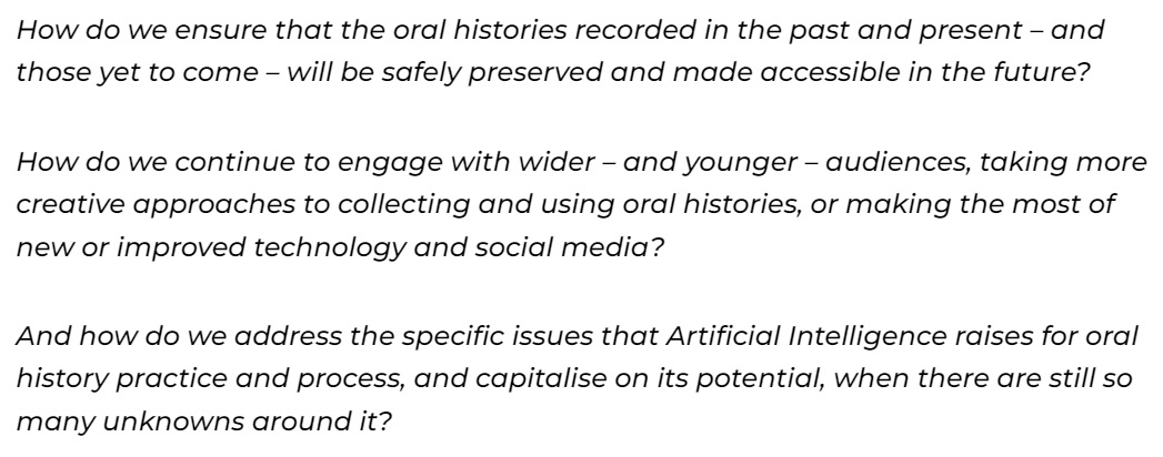 Some of the questions raised and discussed by our Regional Networkers in their annual event @uniofleicester March 2024 on theme 'Future #OralHistory' Find out more in our latest blog: ohs.org.uk/general-intere… #AI #OralHistory #Preservation #Access #Technology #PersonalData