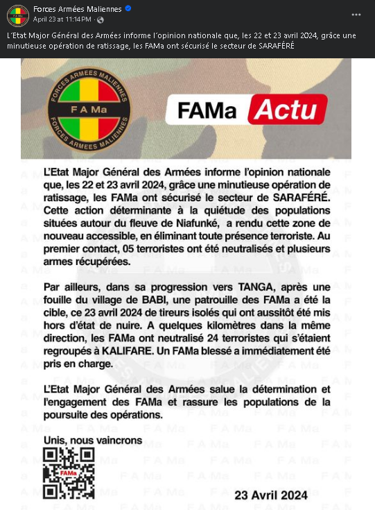 Our forces #FAMa have liberated and thoroughly swept the sector of SARAFÉRÉ from the grasp of terrorists, ensuring its safety and security for our people. Bravo!
#Mali #terrorisme #Sahel #AES #JNIM #EIGS
