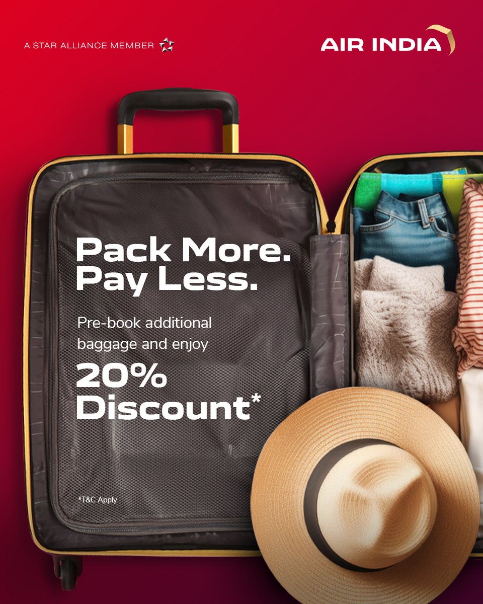 Why choose less when you can have more? Pre-book your additional baggage with Air India and enjoy a 20% discount*.

#FlyAI #AirIndia #Baggage #PrepaidBaggage #NonStopExperiences