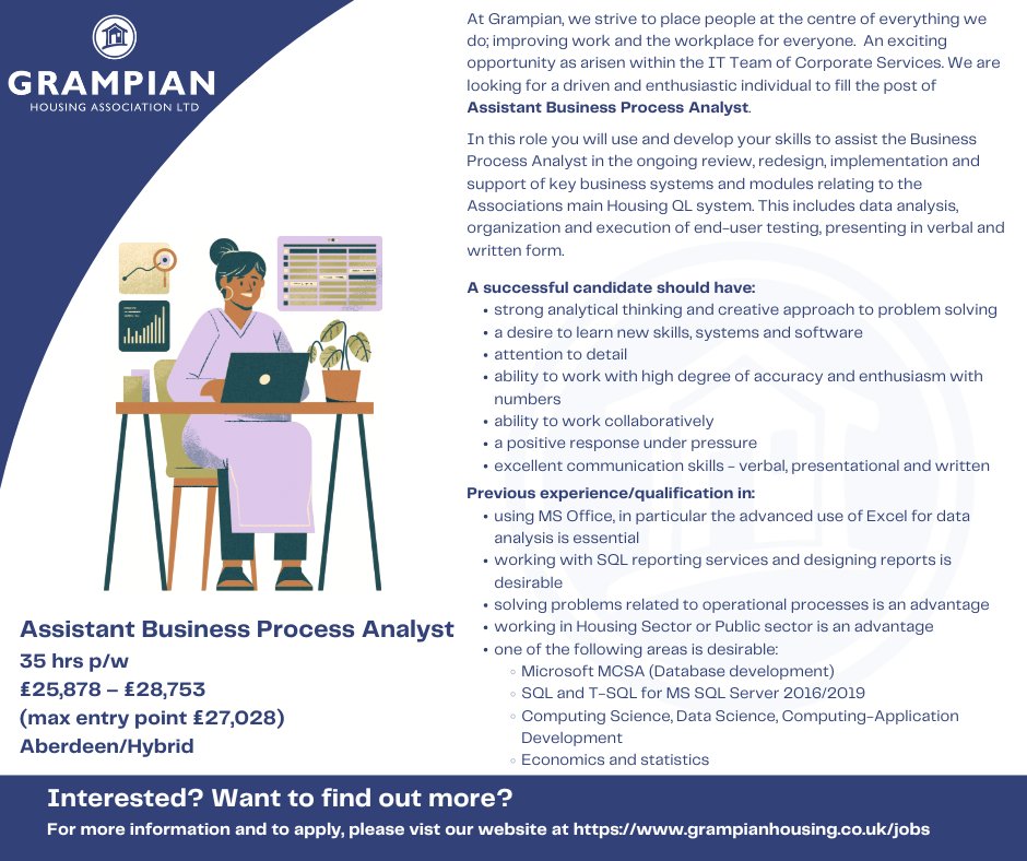 💻📷 WE ARE RECRUITING! Assistant Business Process Analyst 35 hrs p/w £25,878.00 – £28,753.00 (max entry point £27,028.00) Aberdeen/Hybrid Full Job Description and Person Spec: grampianhousing.co.uk/jobs Closing 7/5/24. #GrampianHA #Recruitment #AberdeenJobs