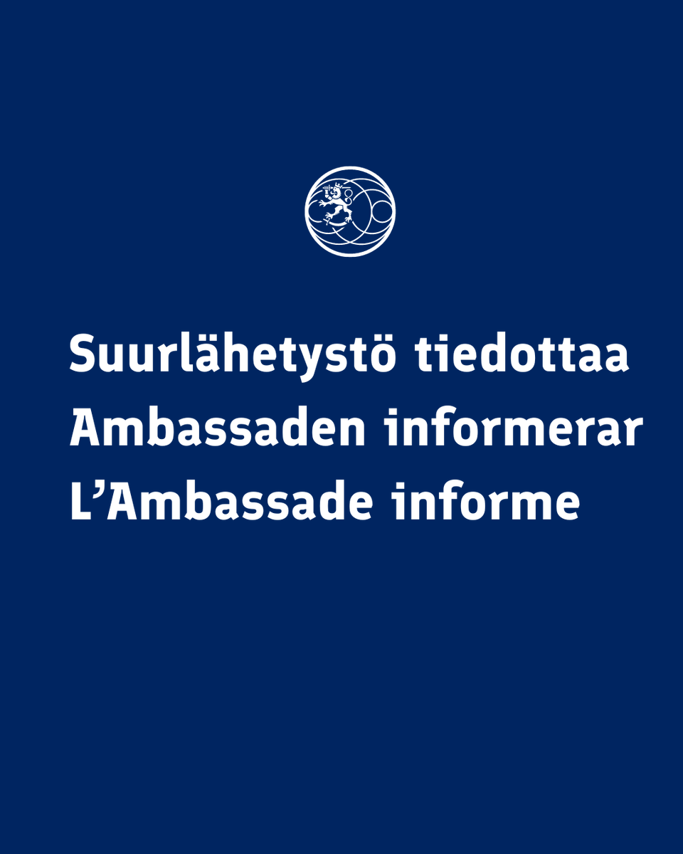 📢Suurlähetystö luopuu käteismaksuista toukokuusta 2024 alkaen.

📢Ambassaden kommer att avstå från kontantbetalningar från och med maj 2024.

📢L'Ambassade abandonne les paiements en espèces à partir de mai 2024.

👉finlandabroad.fi/web/mar/frais-…