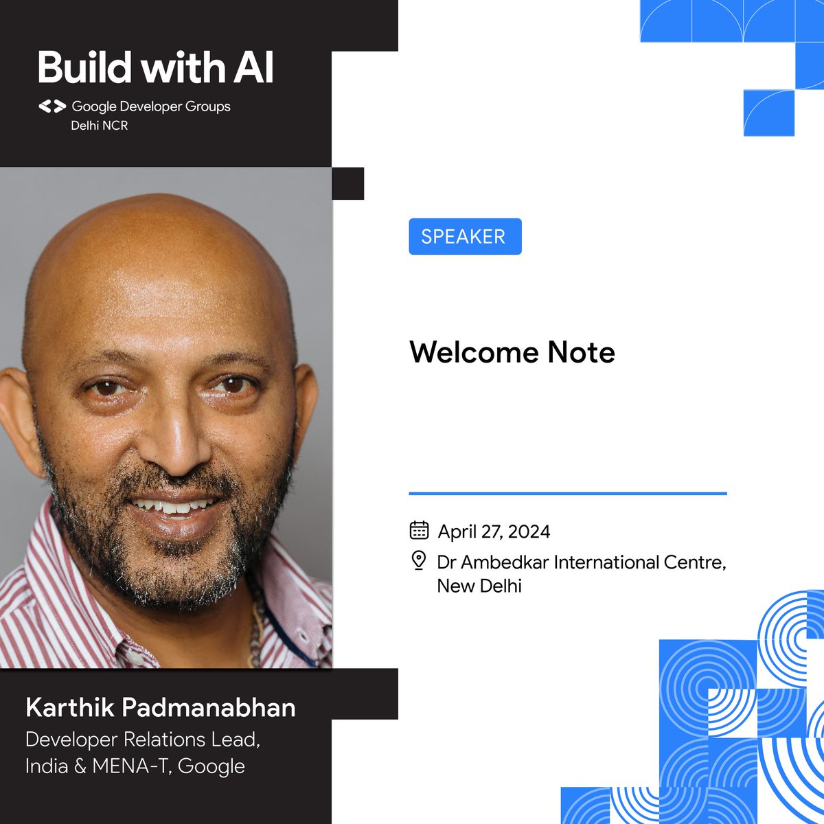 We're thrilled to have @karthik_padman, Developer Relations Lead at Google India, to kick off our Build With AI Roadshow at @ambedkar_center! Don't miss this incredible opportunity to learn, connect, and be inspired! #BuildWithAIRoadshow #AI #Gemini #ArtificialIntelligence