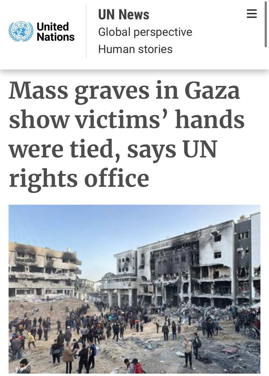 Hundratals kroppar hittade i massgravar vid sjukhus i Gaza. Palestinska offer, däribland kvinnor och äldre, vissa avklädda, med bakbundna händer, begravda djupt i marken, övertäckta med avfall. FN kräver vapenvila och en oberoende undersökning news.un.org/en/story/2024/…