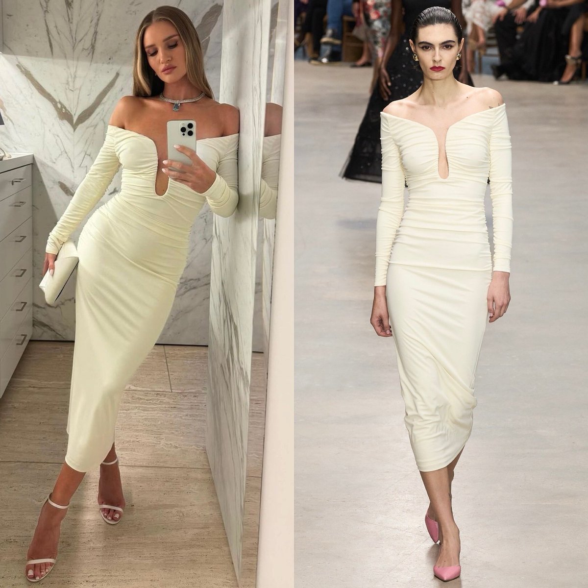 Rosie Huntington-Whiteley de Carolina Herrera Inverno 2024 e joias Tiffany & Co.. #RosieHuntingtonWhiteley #CarolinaHerrera 📸 Reprodução Instagram / Vogue Runway