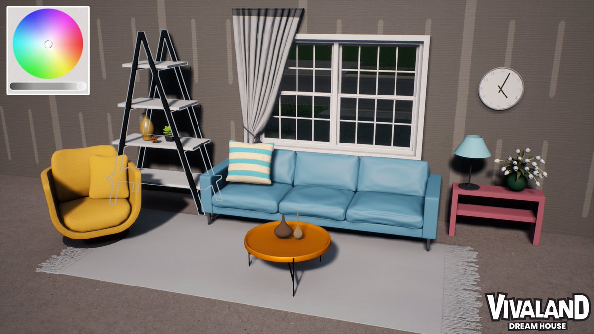 vivalandgame's tweet image. A very nice combination of metal tones you’ve been suggesting for the shelf decorations! ✨

 What color should the shelf be now? 💬🖌️
#Vivaland #ColorWithMe