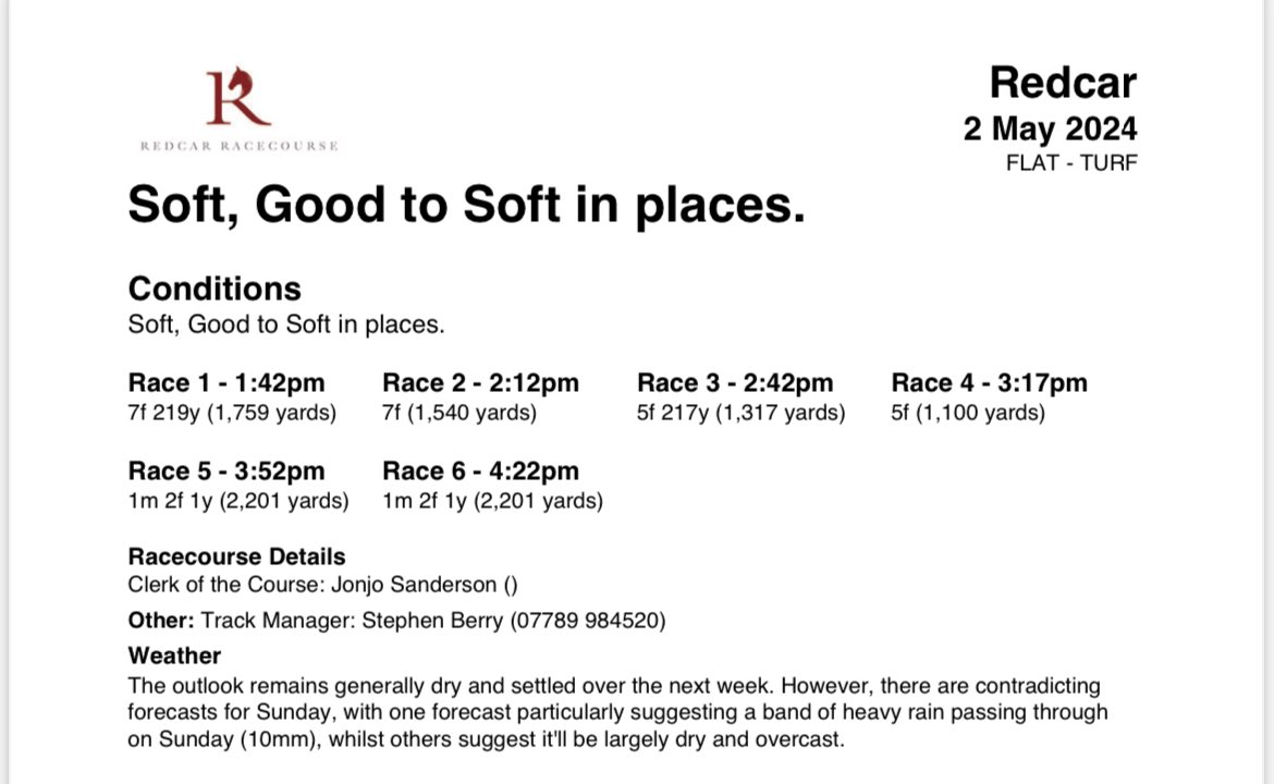 ENTRIES today for our race meeting next week on Thursday 2nd May. The going is currently Soft, Good to Soft in places.