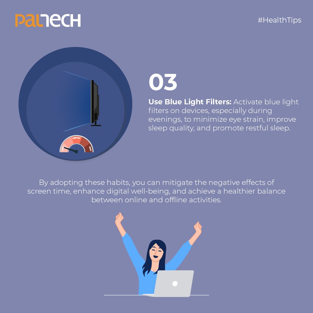 Embrace healthy tech with these simple yet effective habits 📱

#ScreenTimeBalance #DigitalWellbeing #HealthyHabits #TechLifeBalance #DigitalHygiene #BlueLightFilter #EyeHealth #PostureMatters #BreakFromScreens #WellnessTips #TechSavvy #HealthyLiving #PalTech